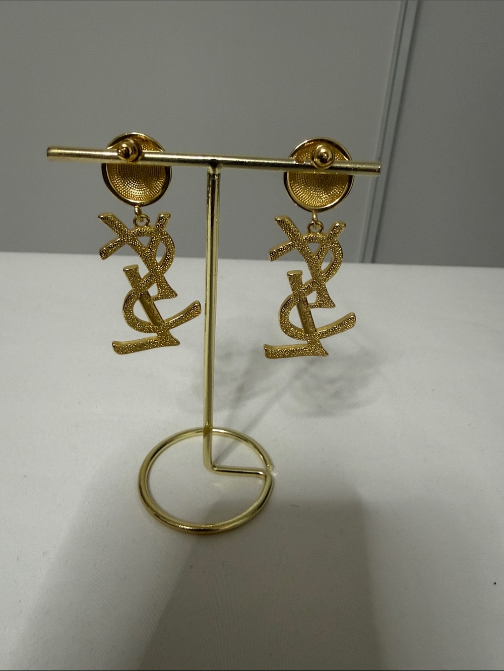 Yves Saint Laurent Gold Logo Drop Earrings - Gold Tone - Picture 2 of 6